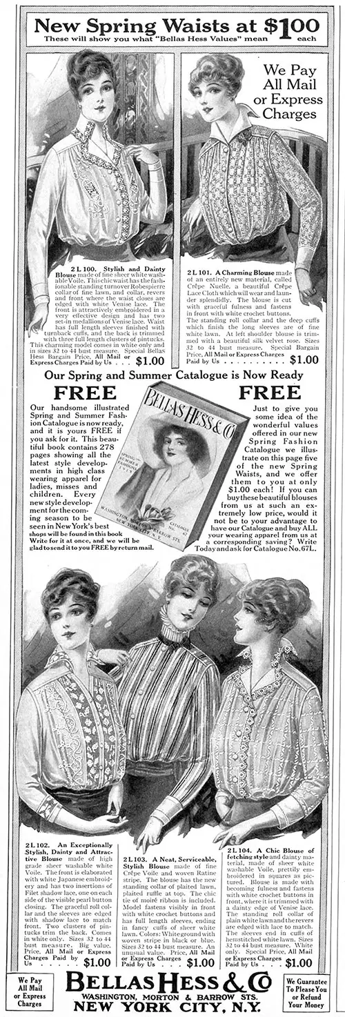 1915 Print Advertisement from Bellas Hess & Co, New York for New Spring Waists at $1.00. The Ladies' Home Journal, February 1915.