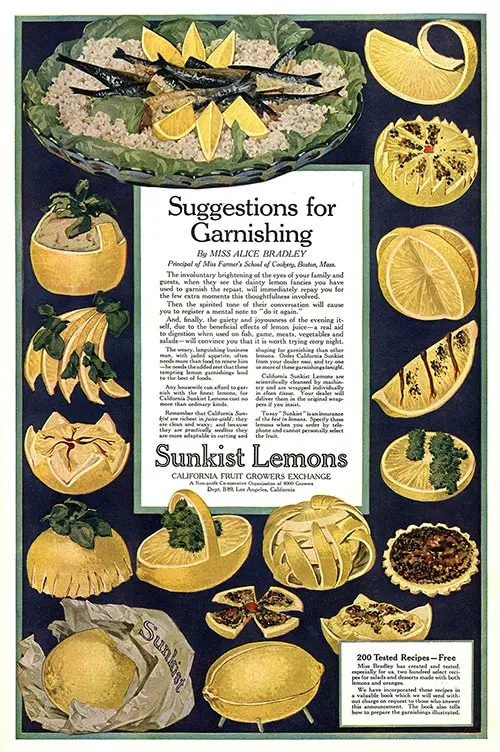 Suggestions for Garnishing with Sunkist Lemons - The California Fruit Growers Exchange. The Ladies' Home Journal, December 1916.