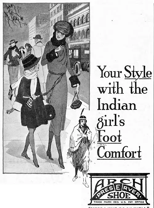 Your Style with the Indian Girls' Foot Comfort. 1921 Print Advertisement of Arch Preserver Shoe from Selby Shoe Company. The Ladies' Home Journal, February 1921.