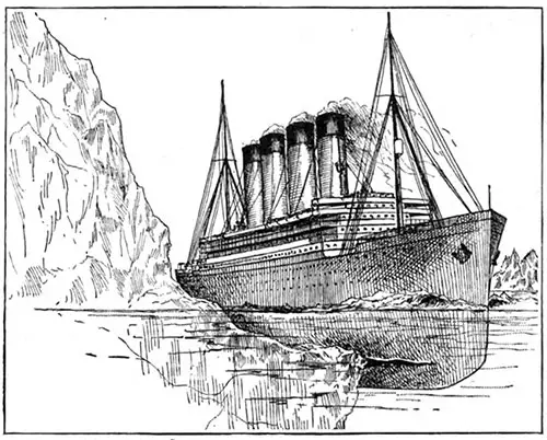 In all probability, according to The Scientific American, a massive, projecting, underwater shelf of the iceberg with which she collided tore open several compartments of the Titanic,