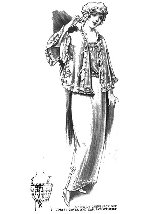 Crepe de Chine Sack, Net Corset Cover, and Cap, Batiste Skirt