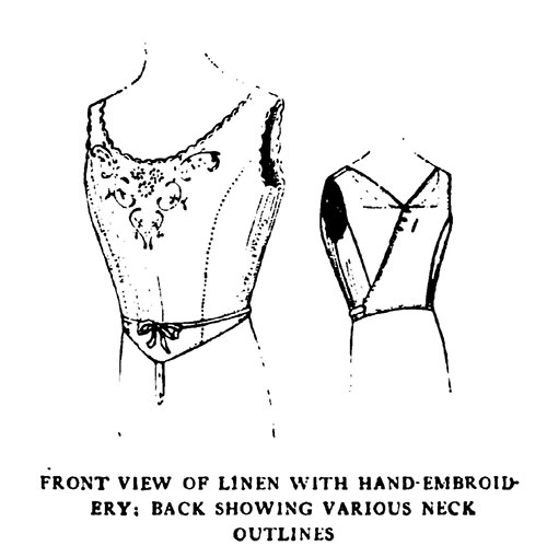 Front View of Linen with Hand Embroidery; Back Showing Various Neck Outlines