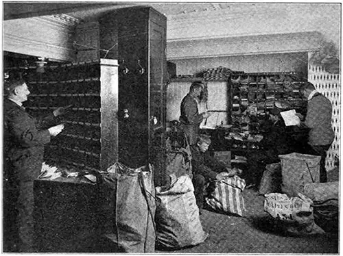 A Busy Sea Post Office With Many Mail Sacks To Sort Before Arriving at the Voyage's Final Destination.