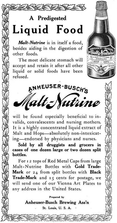 Malt-Nutrine - A Predigested Liquid Food © 1907 Anheuser-Busch Brewing Ass'n