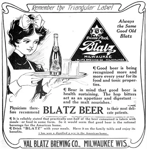Blatz Beer Advertisement, What to Eat, 1907.