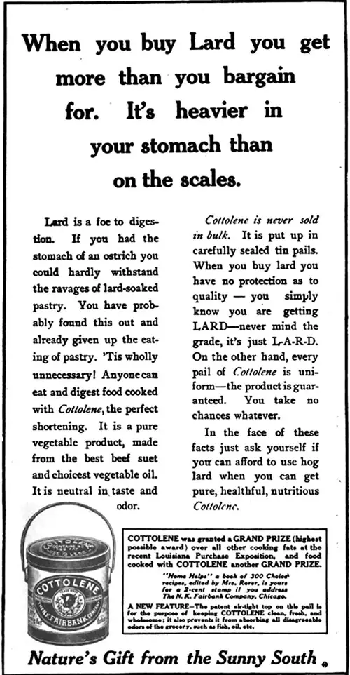 Grand Prize - Cottolene Shortening Advertisement, What to Eat, 1907.