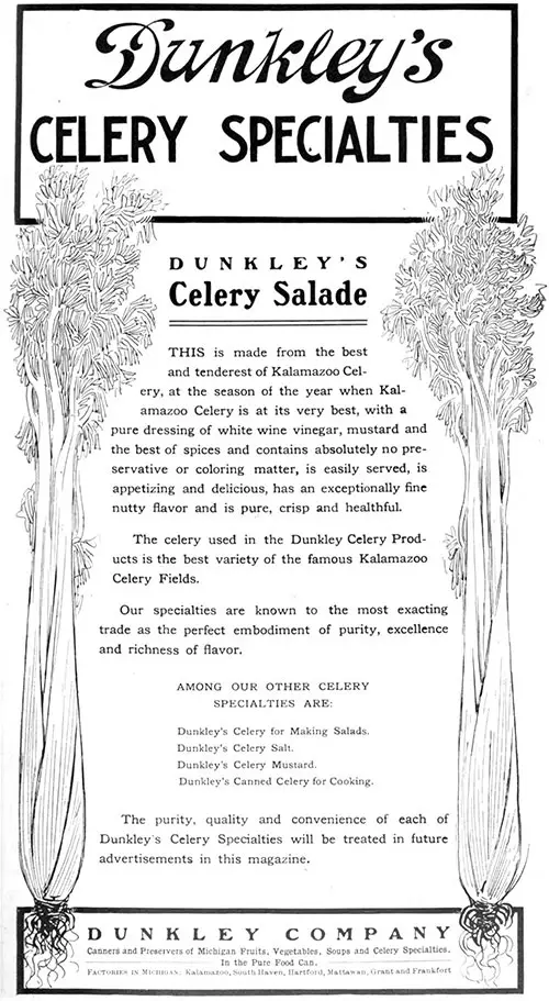 Dunkley's Celery Salade Advertisement, What to Eat, 1907.