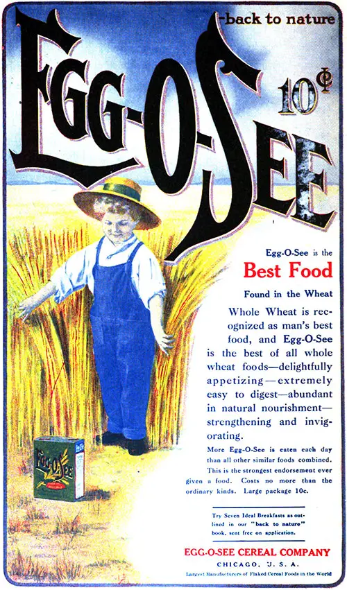 Egg-O-See - Back to Nature Color Print Advertisement, What to Eat, 1907.