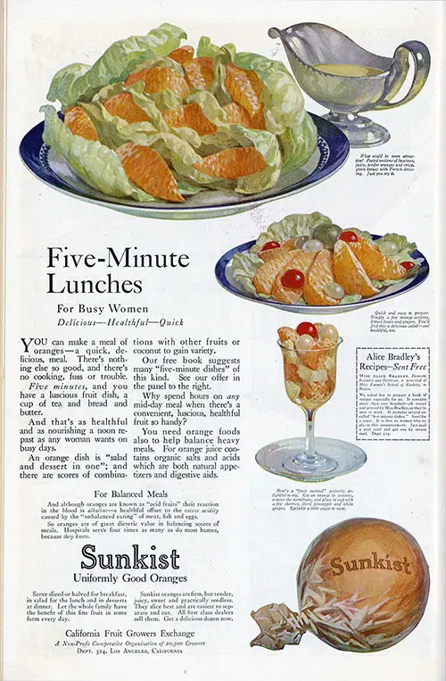 Five-Minute Lunches For Busy Women. Delicious-Healthful-Quick. Sunkist Uniformly Good Oranges. Woman's Home Companion, March 1921.