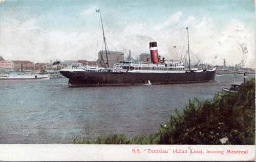Vintage Postcard: Allan Line SS Tunisian Leaving Montreal -(1906)
