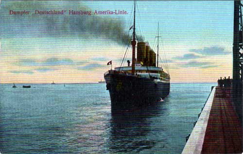 Colorized Postcard of the SS Deutschland of the Hamburg American Line Approaching Landing Stage, 1900. 