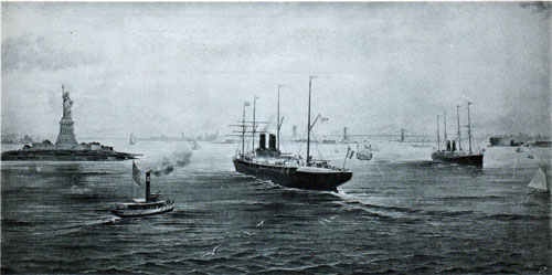 Steamship traffic near the Statue of Liberty, New York circa 1891.