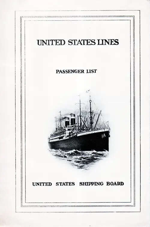 Front Cover, Cabin Passenger List for the SS America of the United States Lines, Departing 22 February 1924 from Bremen to New York.