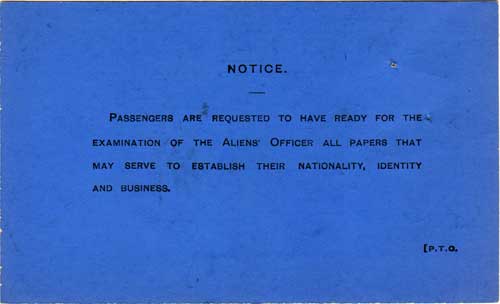 Reverse side of 1922 Alien Landing Card Contained a Notice to Passengers.