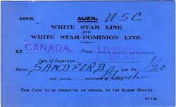 Canadian Alien Card, White Star Dominion Line SS Canada - 1922.