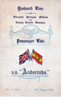 Passenger List Yeoward Line SS Andorinha - 1924