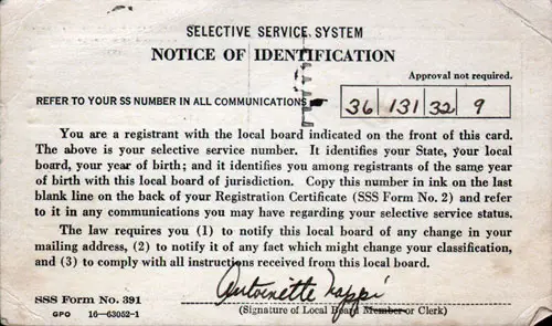 Back Side of Selective Service Notice of Identification