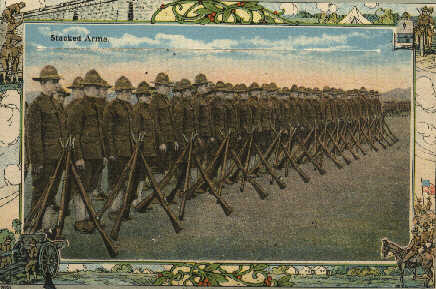 A Row of Stacked Arms - WWI Army Rifles at Camp Dodge.