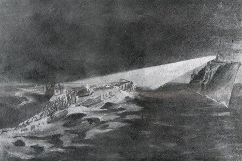 German submarine U-103 sinking after being struck by British ship