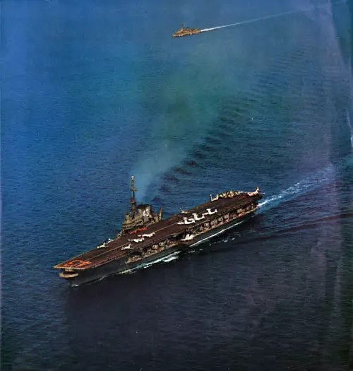 The USS Coral Sea CVA 43 Aircraft Carrier Cruising at Sea, 1956.