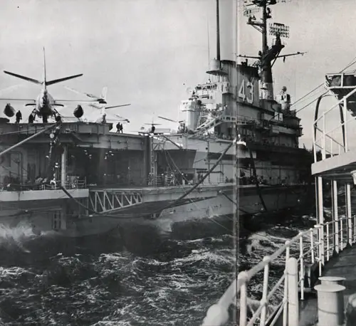 USS Coral Sea CVA 43 gets her tanks refilled via hoses from fleet oiler USS Manatee (AO 58)