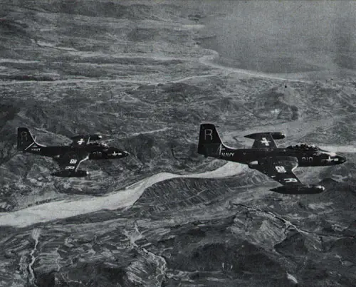 Banshees from USS Essex (now CVS-9) hunt enemy in Korea.