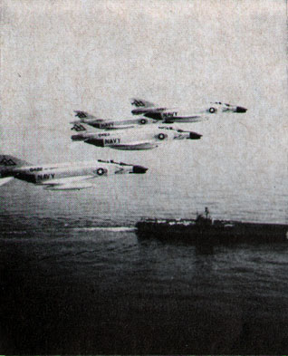 F-4 PHANTOMS from Forrestal overfly the carrier during her Mediterranean operations.