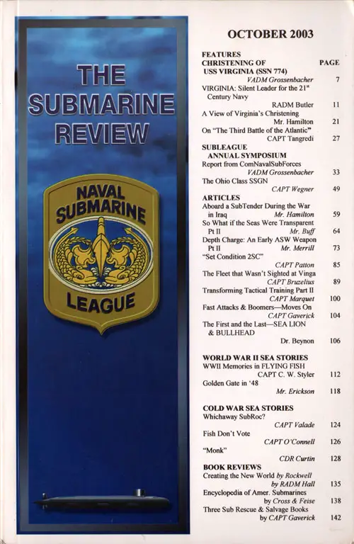 Front Cover, The Submarine Review, Naval Submarine League, October 2003.