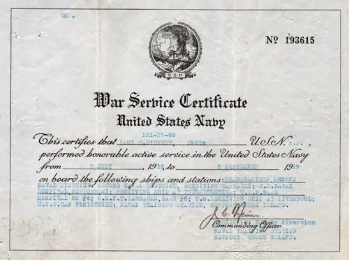 War Service Certificate - United States Navy - Paul C. Dickert, PhM2c  1919