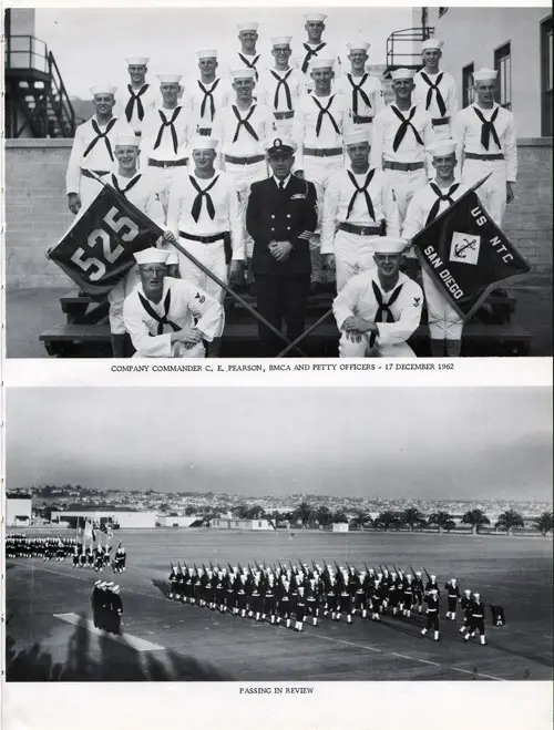 Group Photo of Company 62-525 Commander C. E. Pearson, BMCA and Petty Officers, 17 December 1962; Passing in Review