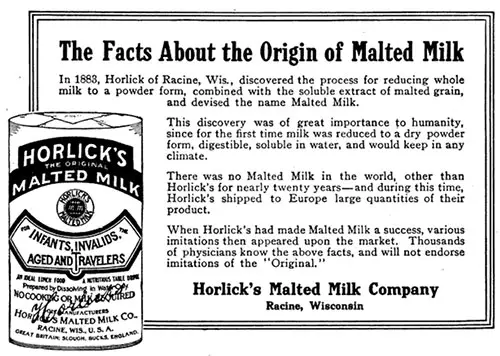 Horlick's Malted Milk: Facts About the Origin of Malted Milk - 1918 Ad