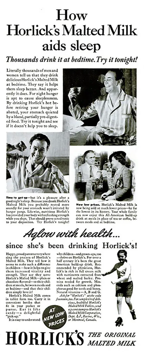 Horlick's Malted Milk Aids Sleep - 1939 Ad