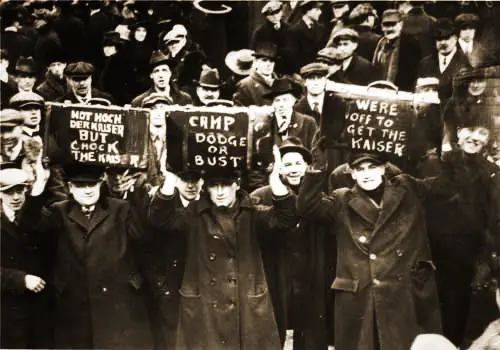 Camp Dodge or Bust -- We're Off to Get the Kaiser are on Some of the Signs Held By Army Recruits Heading to Camp Dodge, Iowa, February 1918.