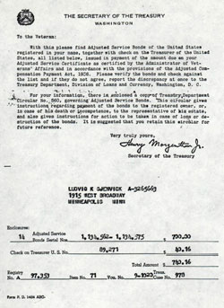 Transmittal for Payment of Adjusted Service Bonds 