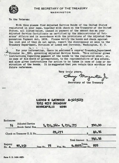 Interim Receipt for Adjusted Service Bonds Surrendered For Payment 