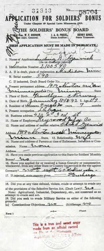 Minnesota Soldiers Bonus Application Page 1