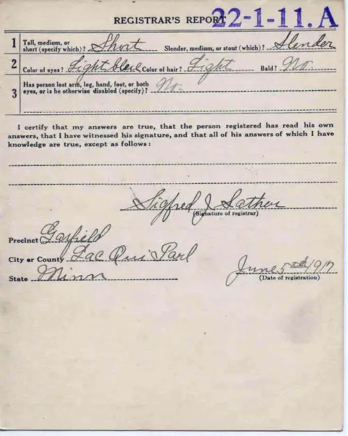Back Side, World War 1 Draft Registration Card, Christian Gjenvik of Garfield, Minnesota dated 5 June 1917.