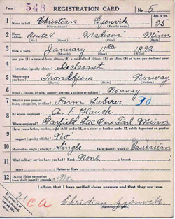 GGA Image ID # 18d94ee363 Front Side, World War 1 Draft Registration Card, Christian Gjenvik of Garfield, Minnesota dated 5 June 1917.