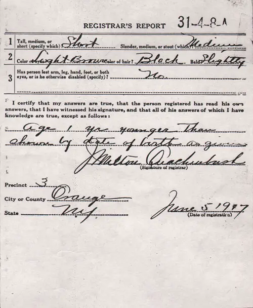 Back Side, World War 1 Draft Registration Card, Ralph Daniel Secor of Momitawville, NY dated 5 June 1917.
