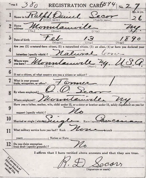 Front Side, World War 1 Draft Registration Card, Ralph Daniel Secor of Momitawville, NY dated 5 June 1917.