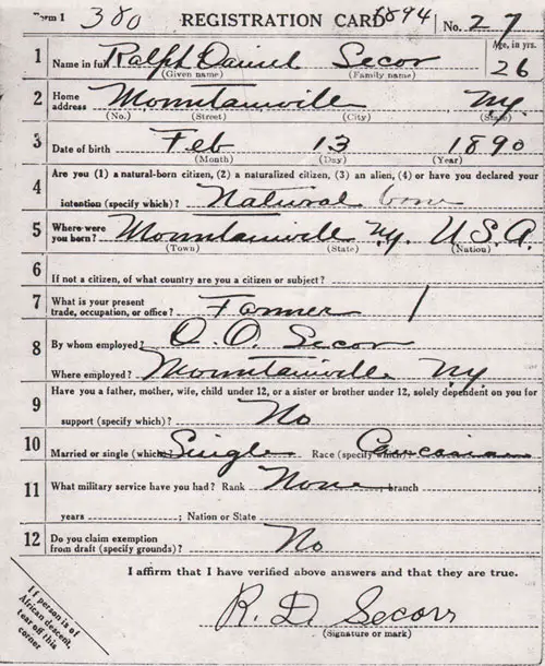 World War One Registration Card