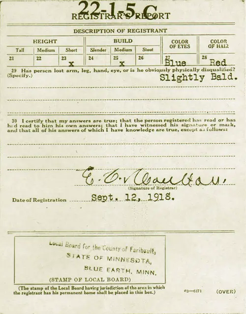 Back Side, World War 1 Draft Registration Card, LeRoy Amos Newville of Winnebago, Minnesota dated 12 September 1918.