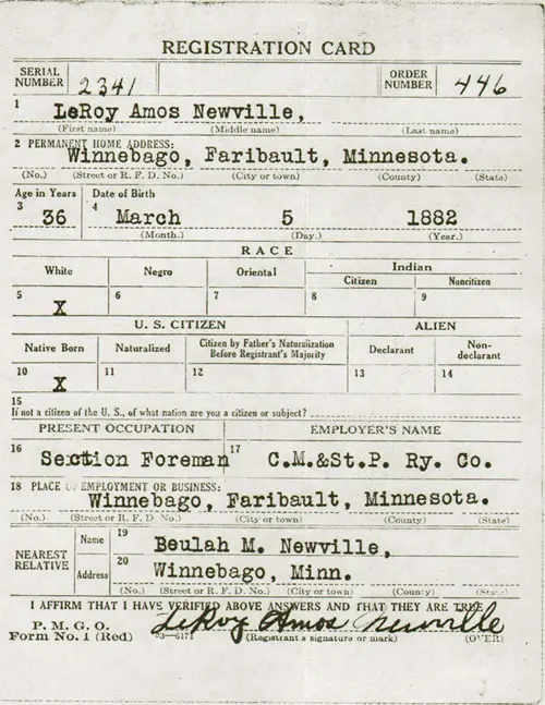 World War One Registration Card