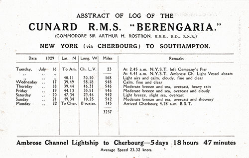 Abstract of Log, 16 July 1929 of the Cunard RMS Berengaria.