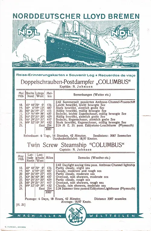 Abstract of Log / Souvenir Log, SS Columbus, New York to Bremen, 18 May 1926, Commanded by Captain N. Johnsen.