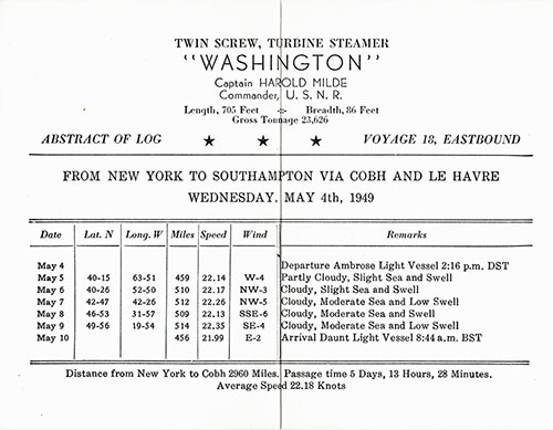 Abstract of Log, SS Washington, Voyage 18 Eastbound, from New York to Southampton via Cobh and Le Havre, Wednesday, 4 May 1949.