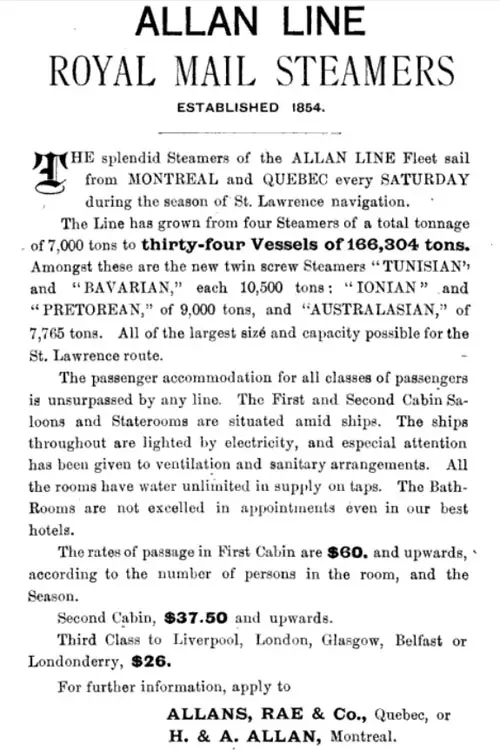 Advertisement (1901): Allan Line Royal Mail Steamers Featuring the Tunisian, Bavarian, Ionian, Pretorian, and Australasian.