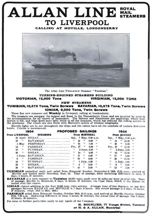 Sailing Schedule, Liverpool-Montreal-Quebec, from 21 April 1904 to 15 July 1904.