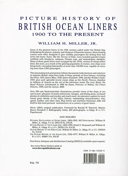 Back Cover, Picture History of British Ocean Liners 1900 to the Present by William H. Miller, 2001.