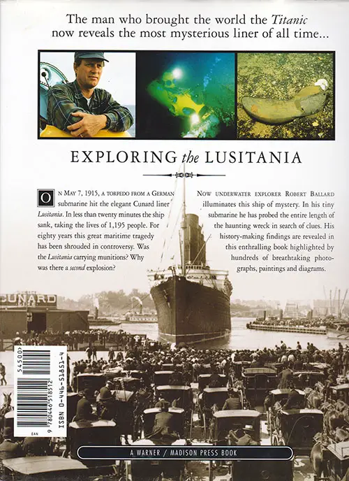 Back Cover, Exploring the Lusitania by Robert Ballard with Spencer Dunmore, 1995.